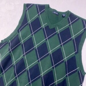 IZOD Argyle Sweater Vest Mens‎ Large Green Navy Blue V-Neck 100% Cotton Prep